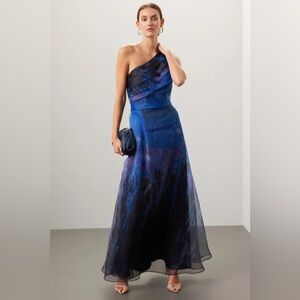 Rene Ruiz Collection Blue Organza Gown One Shoulder Evening Dress Size 4 $1,295